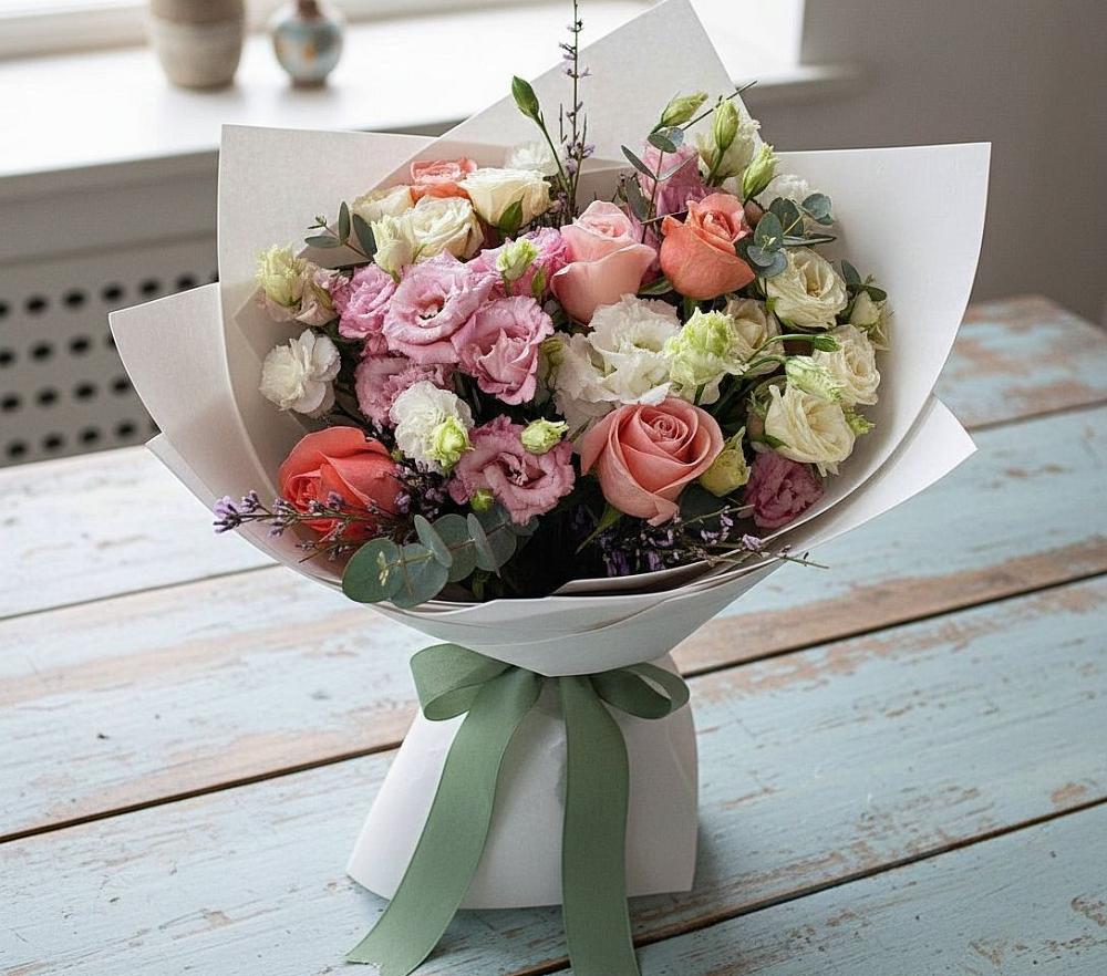 Букет цветов из: Розы, Лизиантусы и Гвоздики в Назарьево