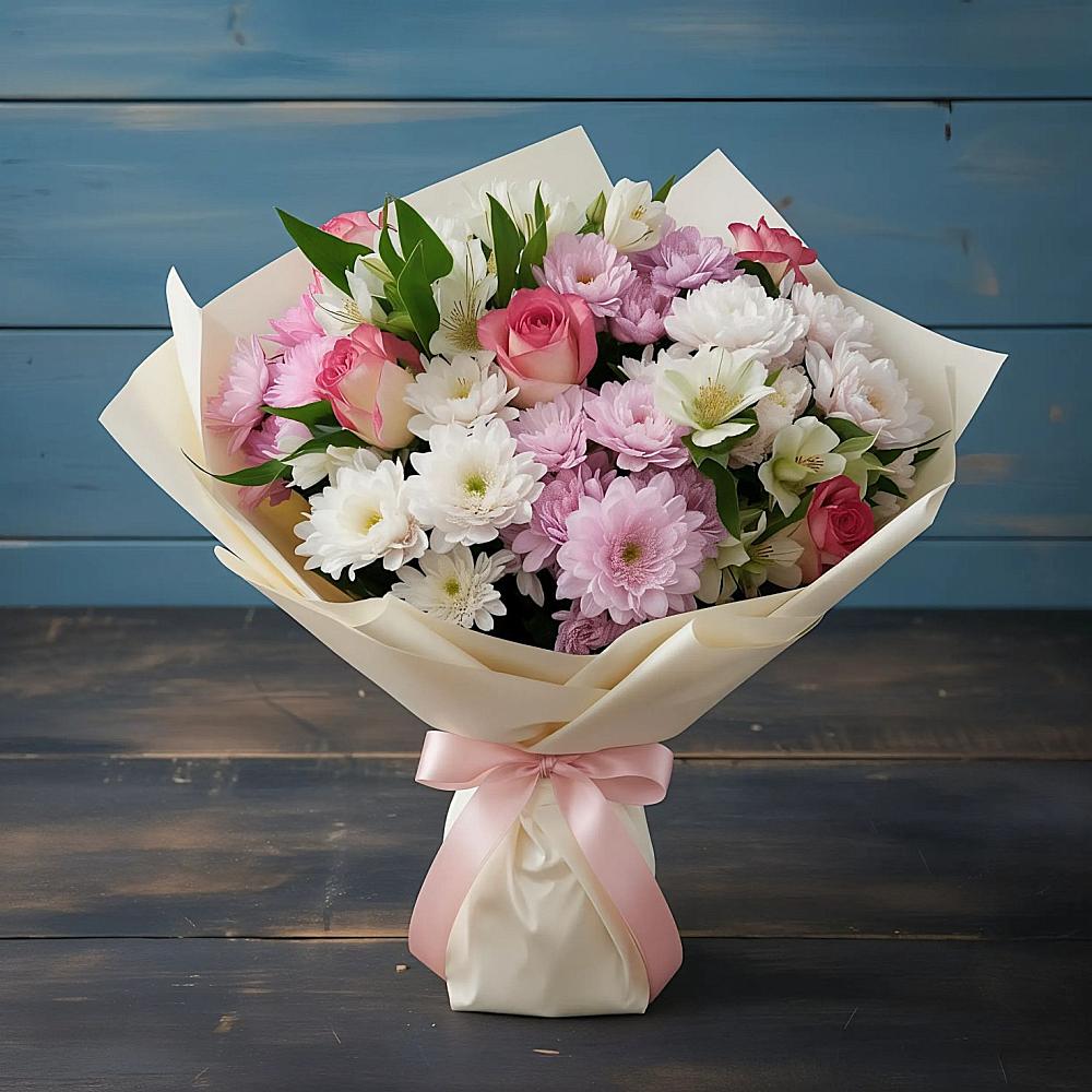 Букет цветов из: Хризантемы, Альстромерии и Розы в Назарьево